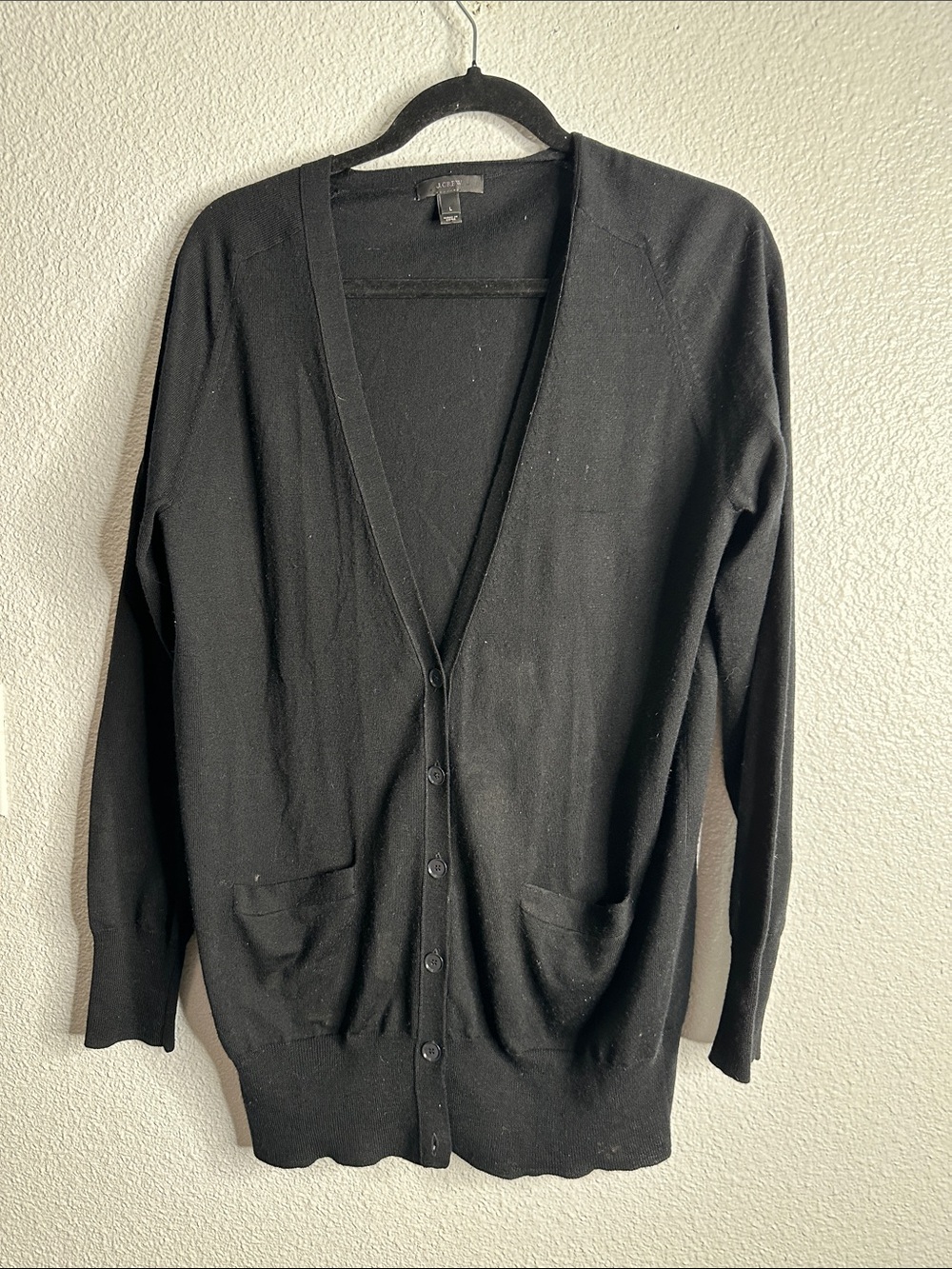 J crew marino wool Black V-Neck Button Cardigan Sweater size L